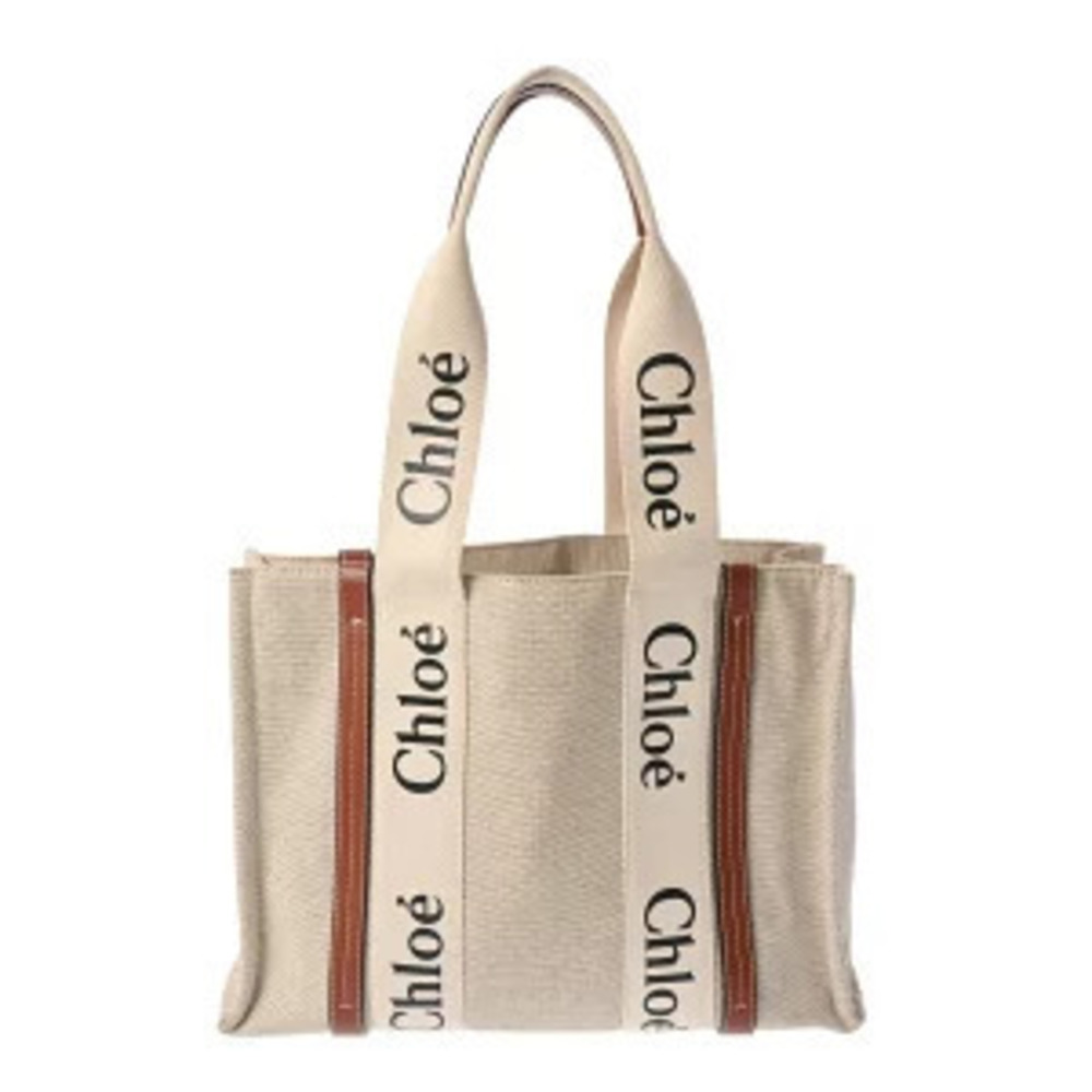 Chloe Woody Tote Bag Beige Cream Brown Canvas Calfskin